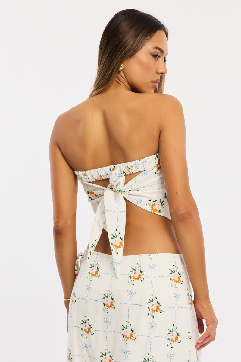 White Floral Scarf Top Sleeveless Bandeau Linen Blend Ric Rac for Ally Fashion