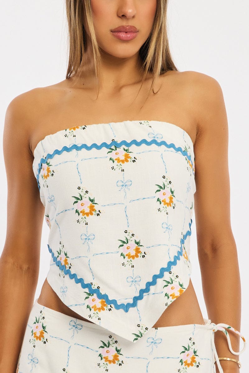 White Floral Scarf Top Sleeveless Bandeau Linen Blend Ric Rac for Ally Fashion