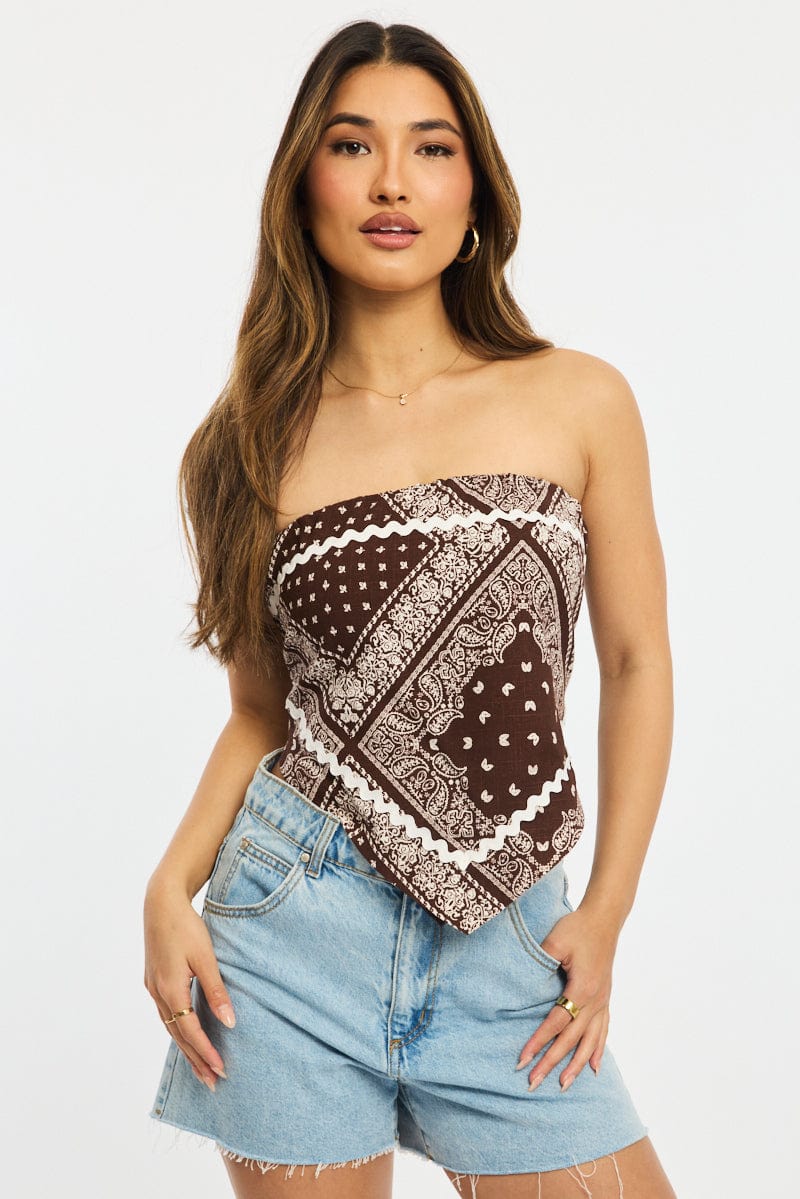 Brown Paisley Scarf Top Sleeveless Bandeau Linen Blend Ric Rac for Ally Fashion