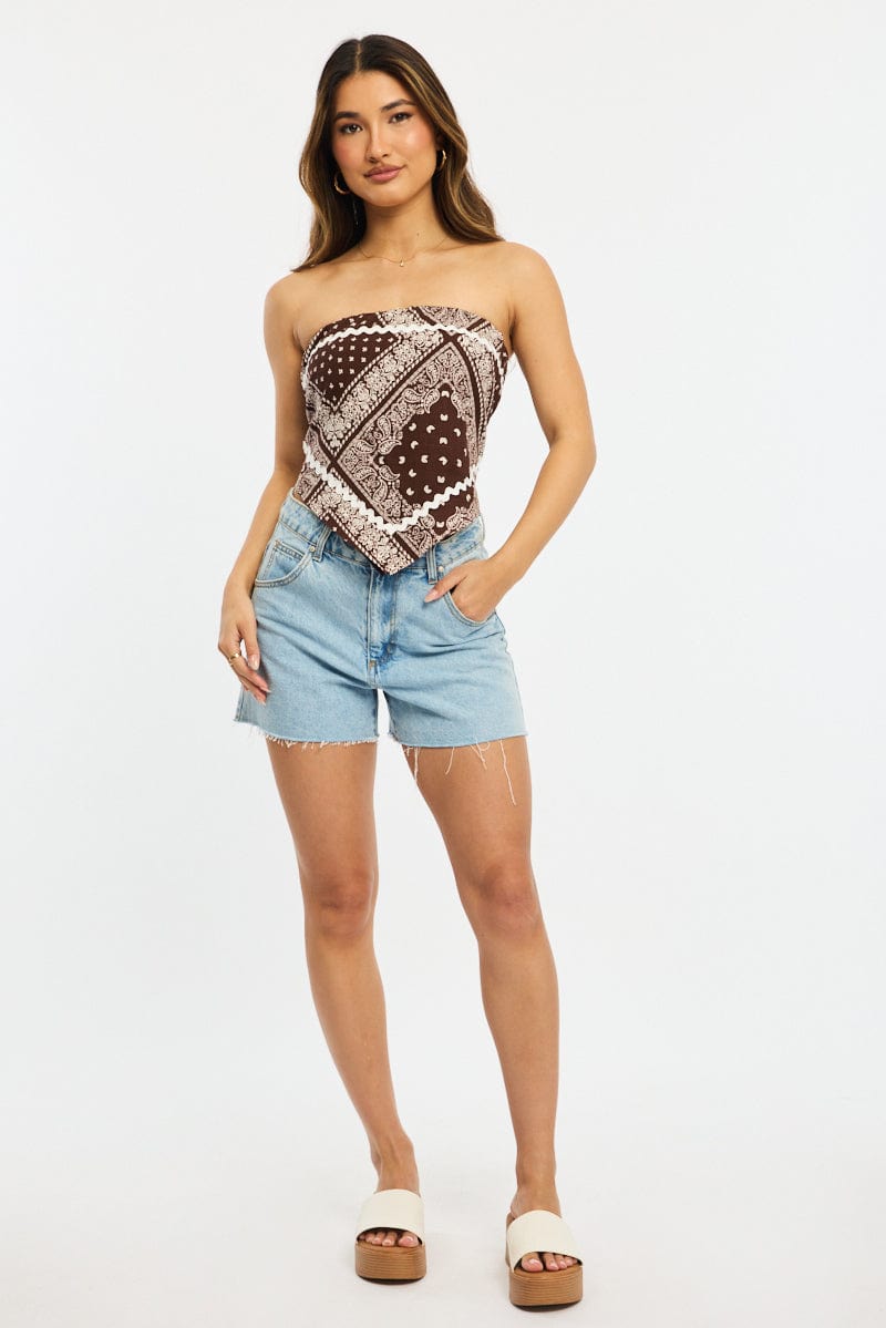 Brown Paisley Scarf Top Sleeveless Bandeau Linen Blend Ric Rac for Ally Fashion