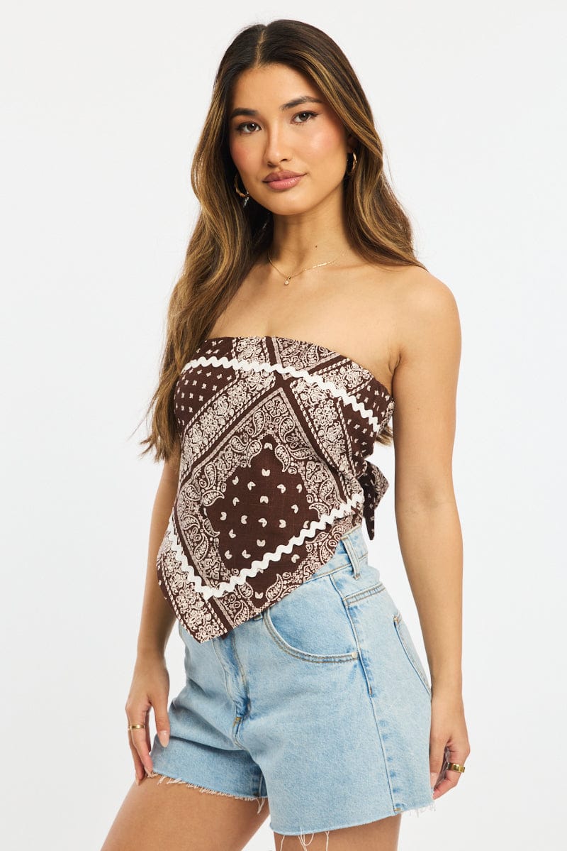 Brown Paisley Scarf Top Sleeveless Bandeau Linen Blend Ric Rac for Ally Fashion