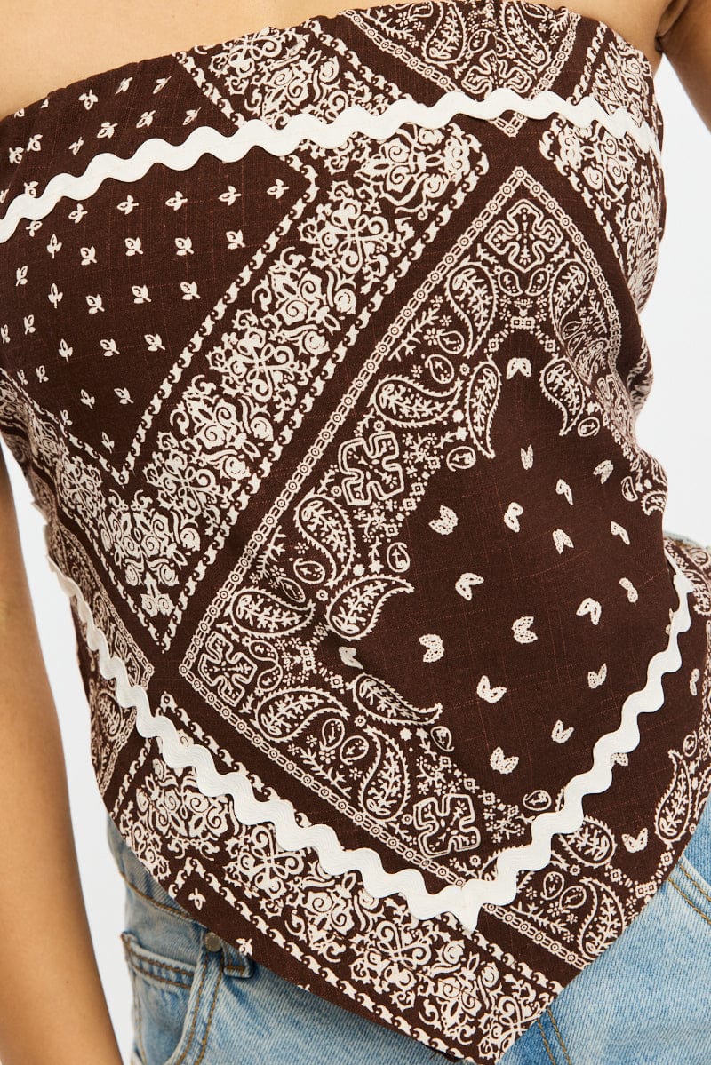 Brown Paisley Scarf Top Sleeveless Bandeau Linen Blend Ric Rac for Ally Fashion