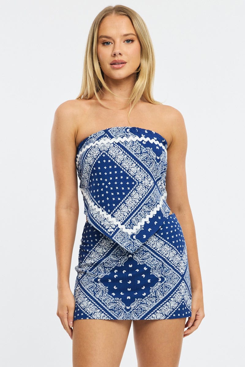 Blue Paisley Scarf Top Sleeveless Bandeau Linen Blend Ric Rac for Ally Fashion