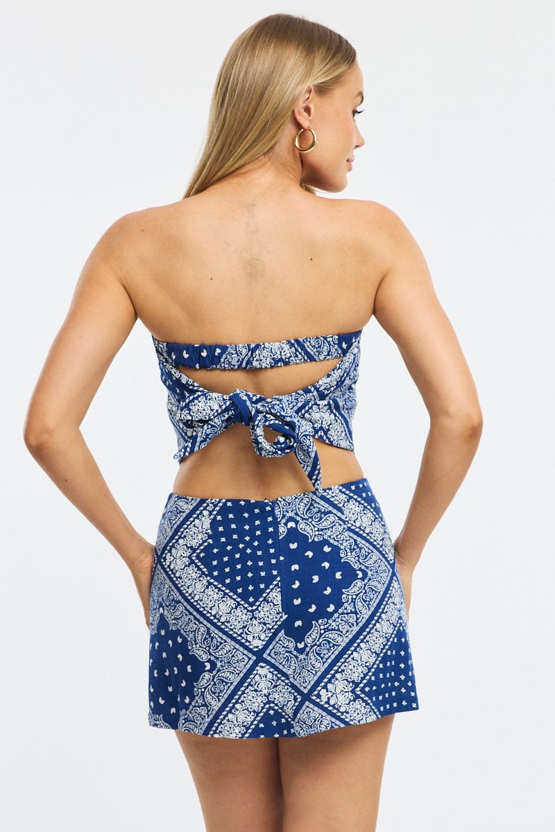 Blue Paisley Scarf Top Sleeveless Bandeau Linen Blend Ric Rac for Ally Fashion