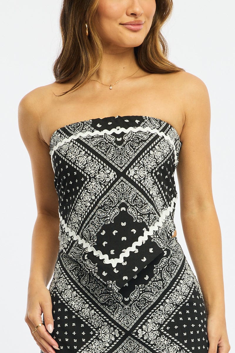 Black Paisley Scarf Top Sleeveless Bandeau Linen Blend Ric Rac for Ally Fashion