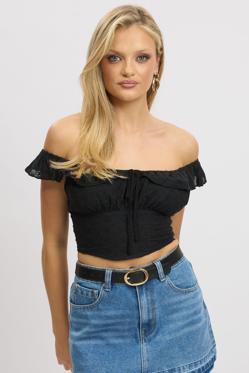 Black Crop Top Ruffle Off Shoulder Linen Blend Ally Fashion