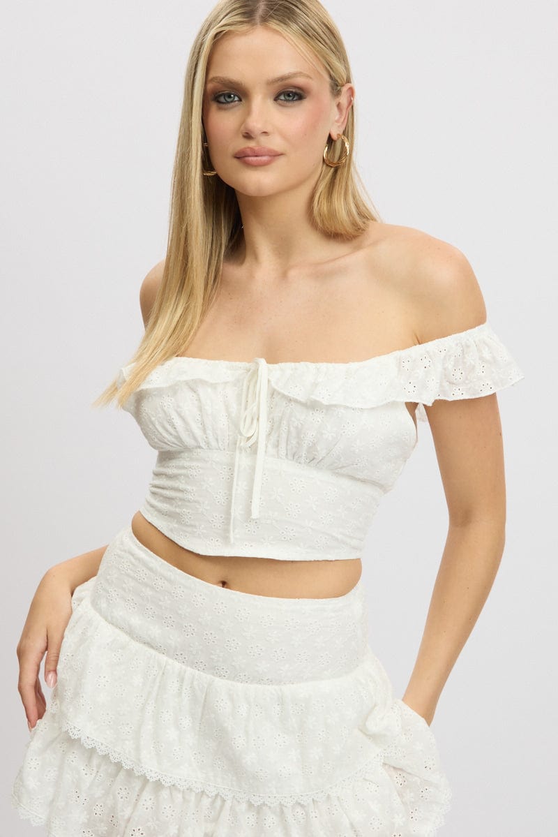 Layed Ruffed Crop Top White Crop Top Ruffle Off Shoulder Linen Blend | Ally Fashion