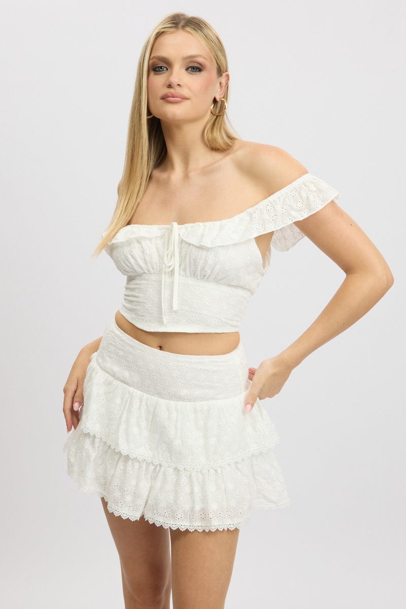 White Crop Top Ruffle Off Shoulder Linen Blend Ally Fashion