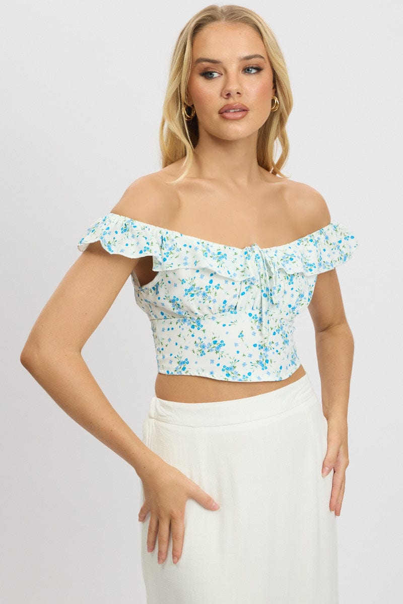 Blue Floral Crop Top Frill Sleeve for Ally Fashion