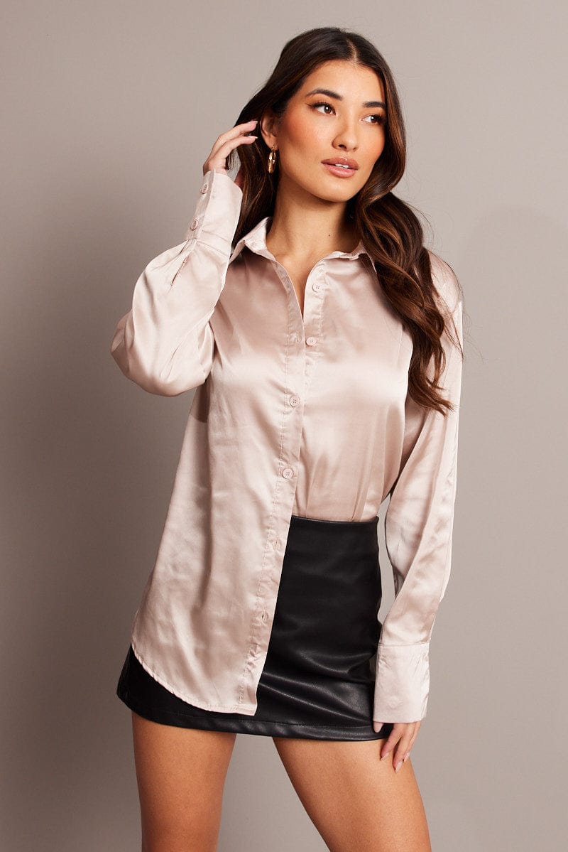 Beige Satin Shirt Long Sleeve for Ally Fashion