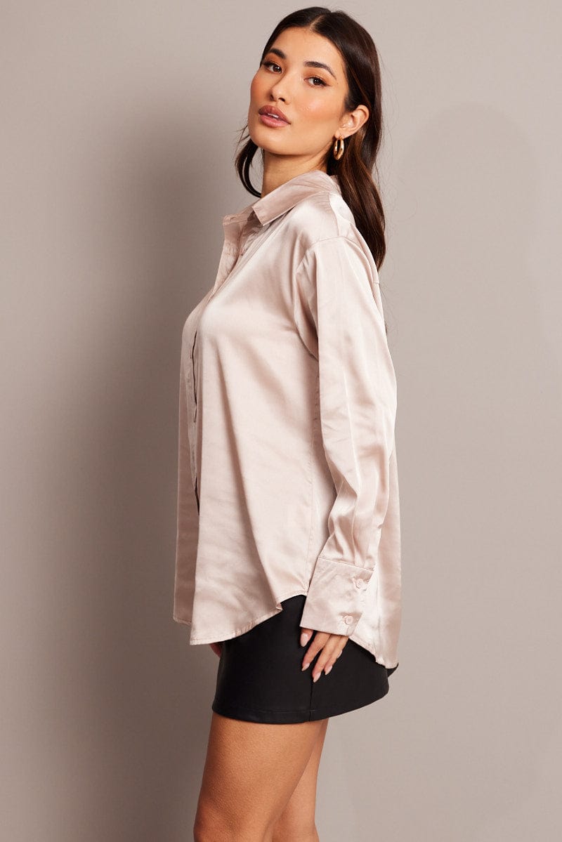 Beige Satin Shirt Long Sleeve for Ally Fashion