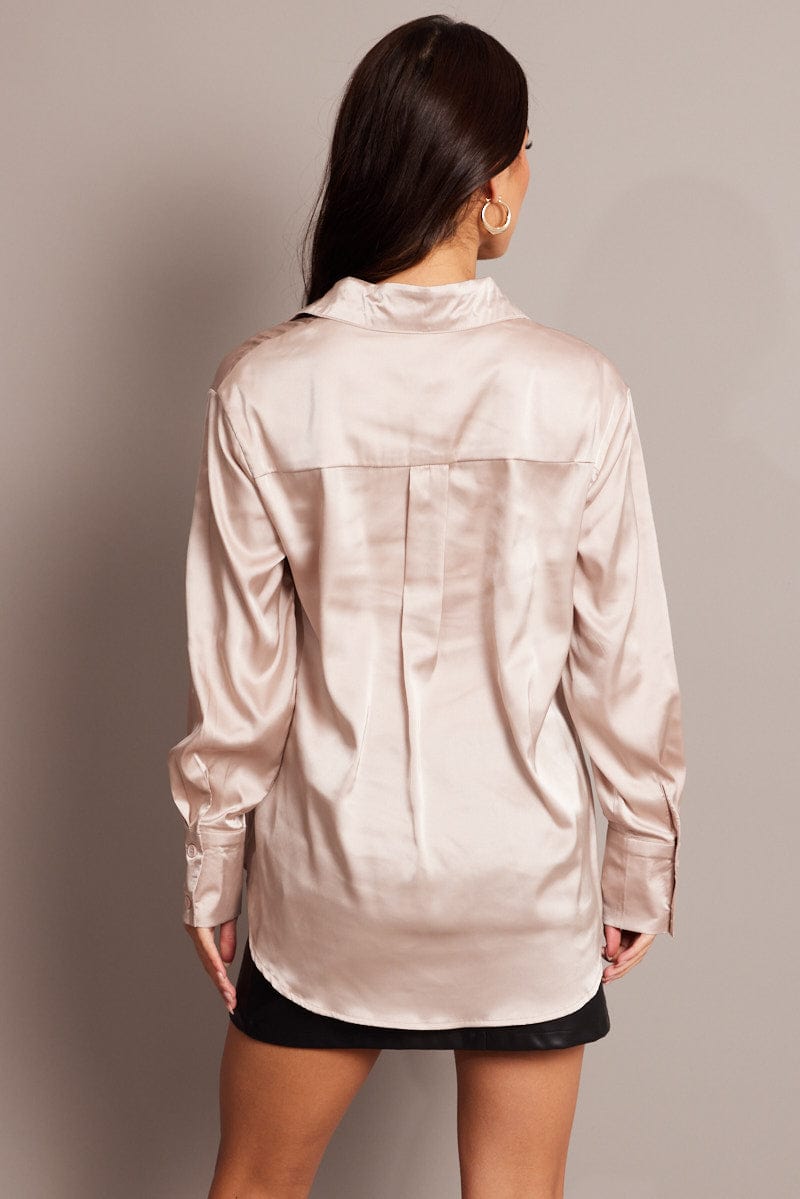 Beige Satin Shirt Long Sleeve for Ally Fashion