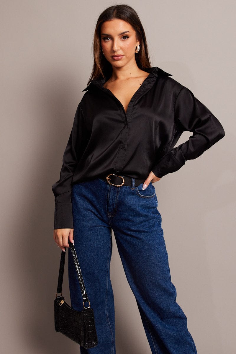 Black Satin Shirt Long Sleeve for Ally Fashion