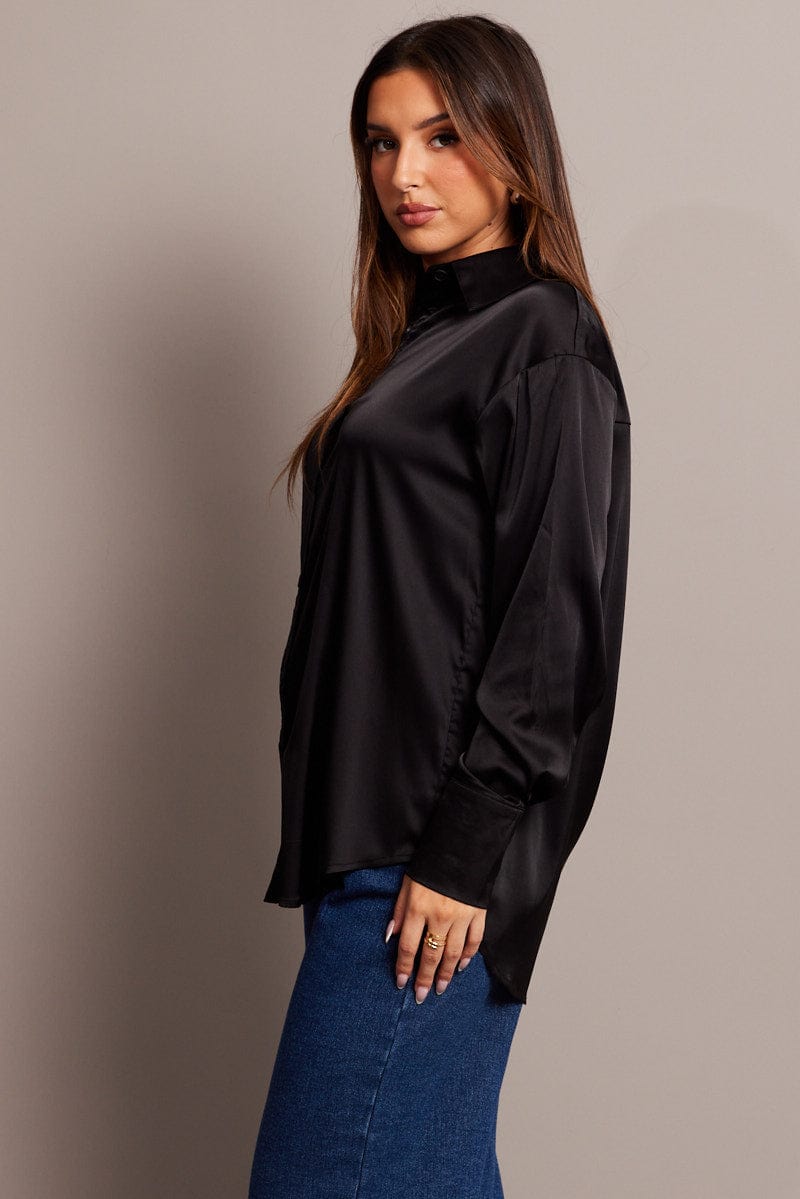 Black Satin Shirt Long Sleeve for Ally Fashion