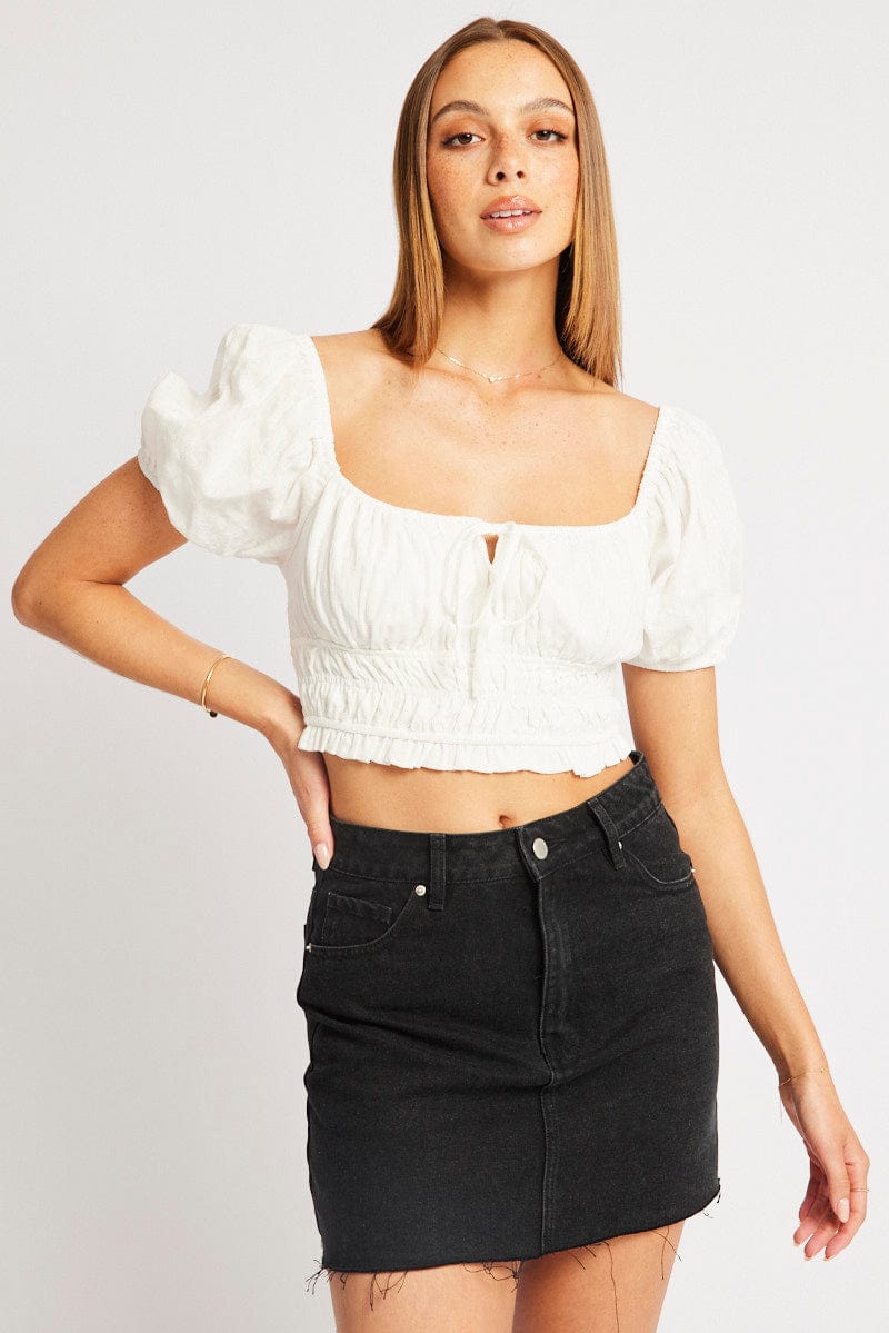 White Crop Top Short Sleeve Shirred Waist for Ally Fashion