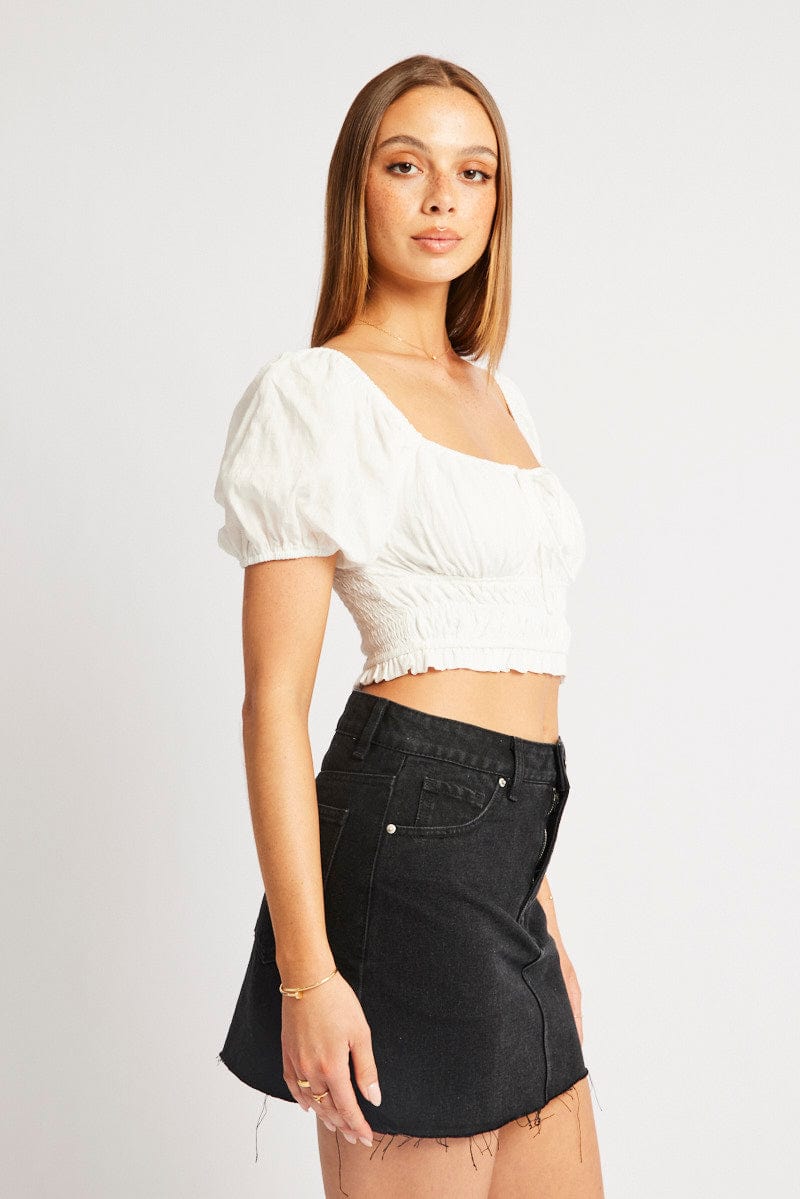 White Crop Top Short Sleeve Shirred Waist for Ally Fashion