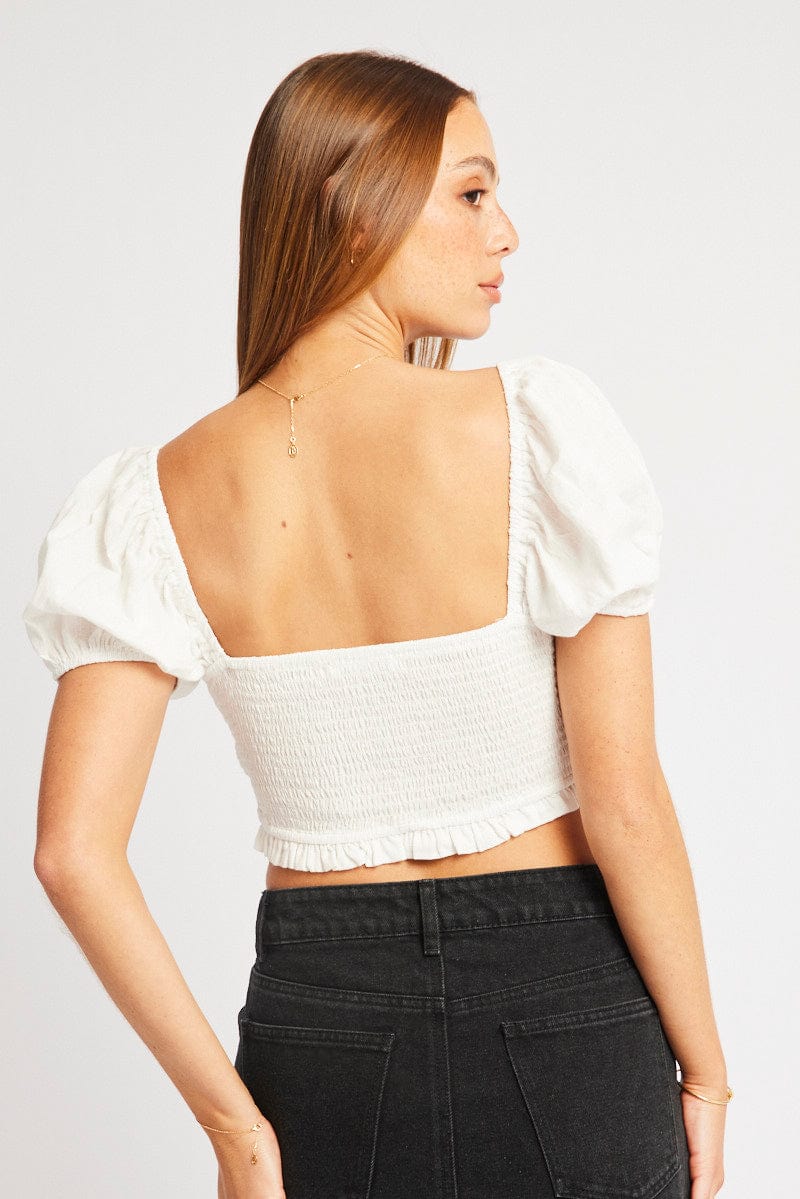 White Crop Top Short Sleeve Shirred Waist for Ally Fashion