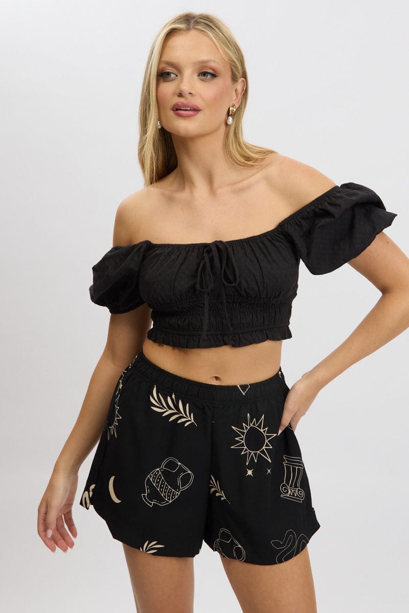 Black Crop Top Short Sleeve Shirred Waist for Ally Fashion