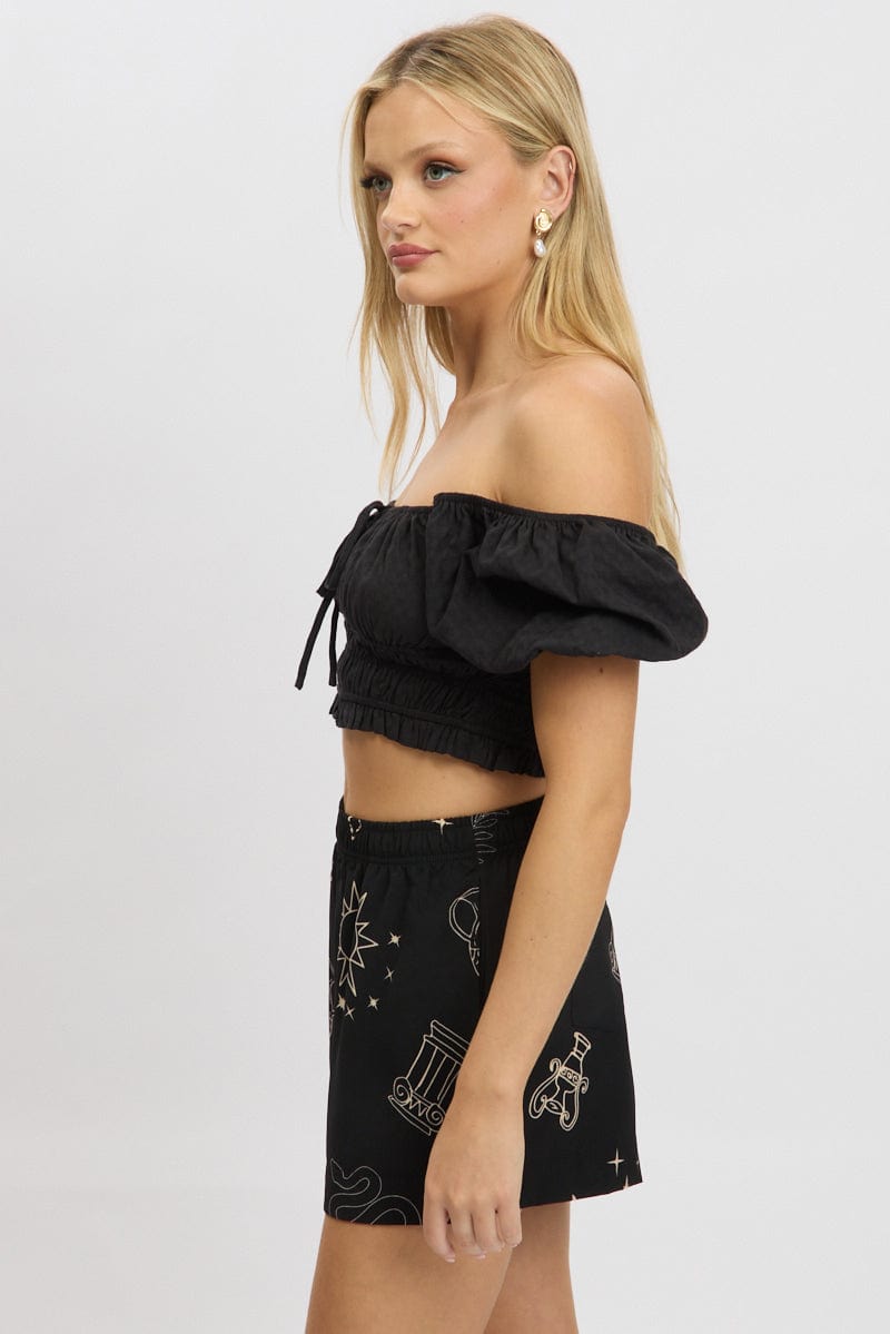 Black Crop Top Short Sleeve Shirred Waist for Ally Fashion