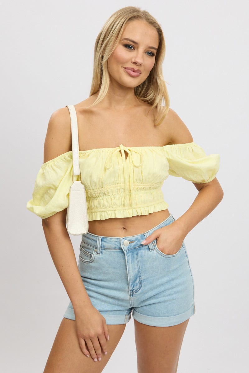 Yellow Crop Top Short Sleeve Shirred Waist for Ally Fashion