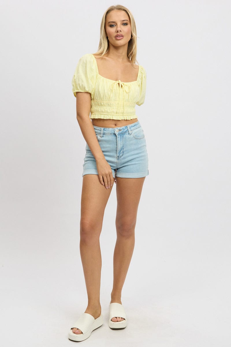 Yellow Crop Top Short Sleeve Shirred Waist for Ally Fashion