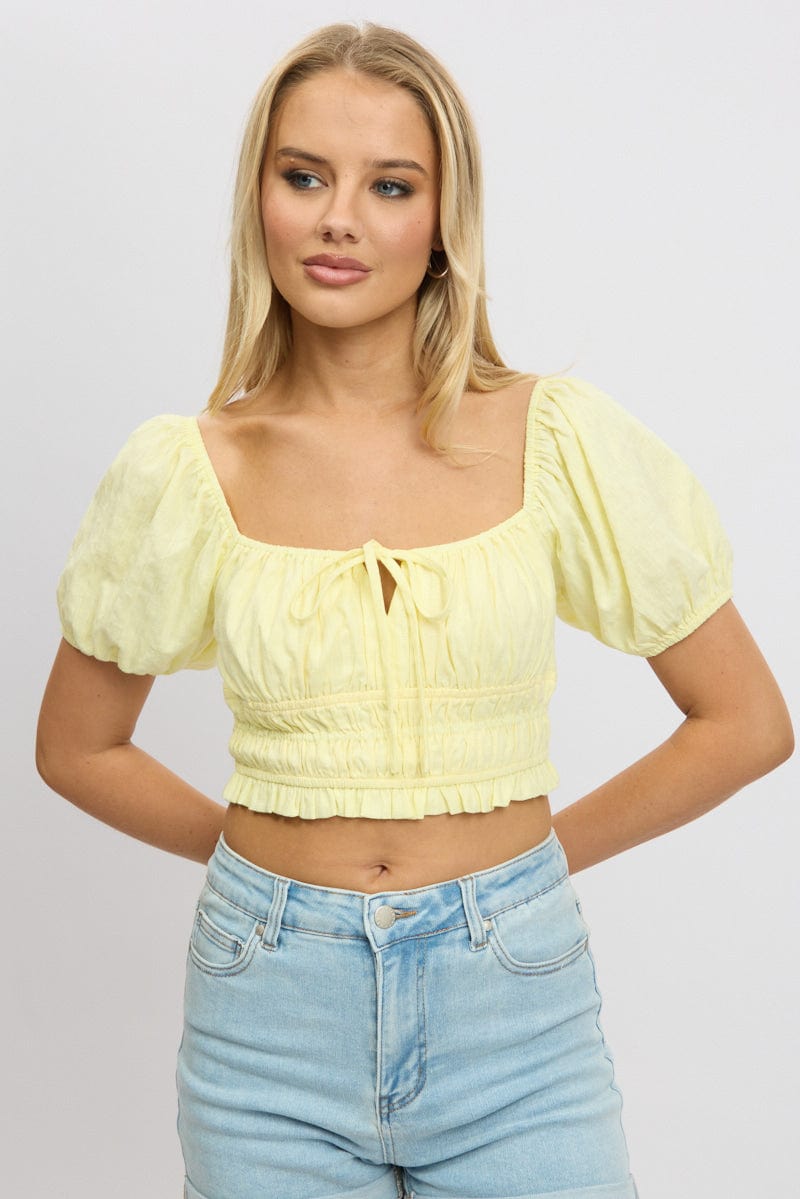 Yellow Crop Top Short Sleeve Shirred Waist for Ally Fashion