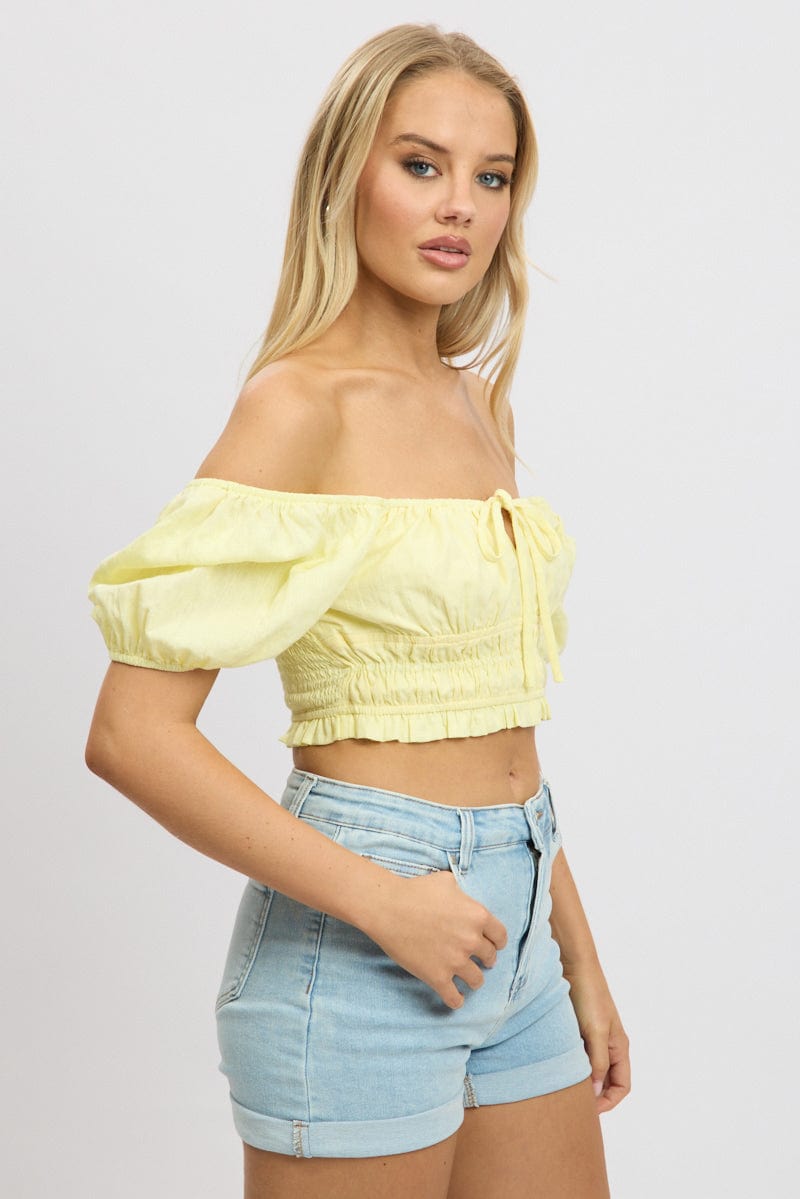 Yellow Crop Top Short Sleeve Shirred Waist for Ally Fashion