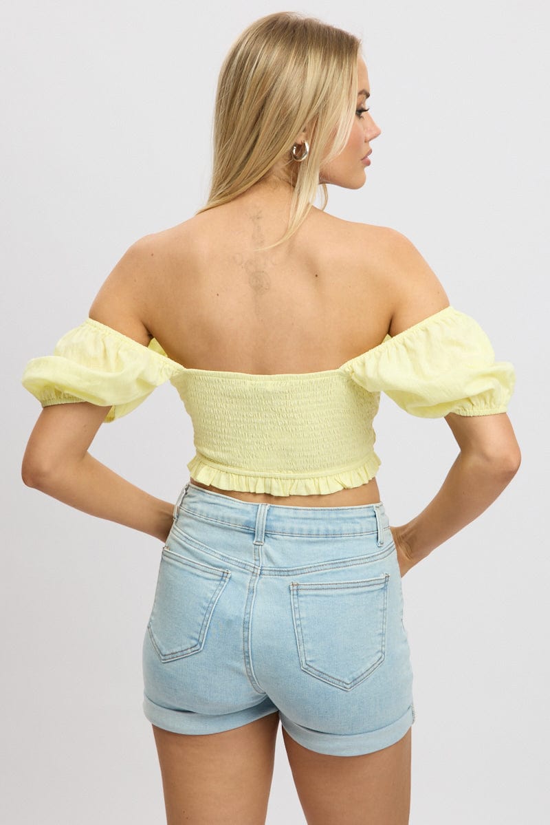 Yellow Crop Top Short Sleeve Shirred Waist for Ally Fashion