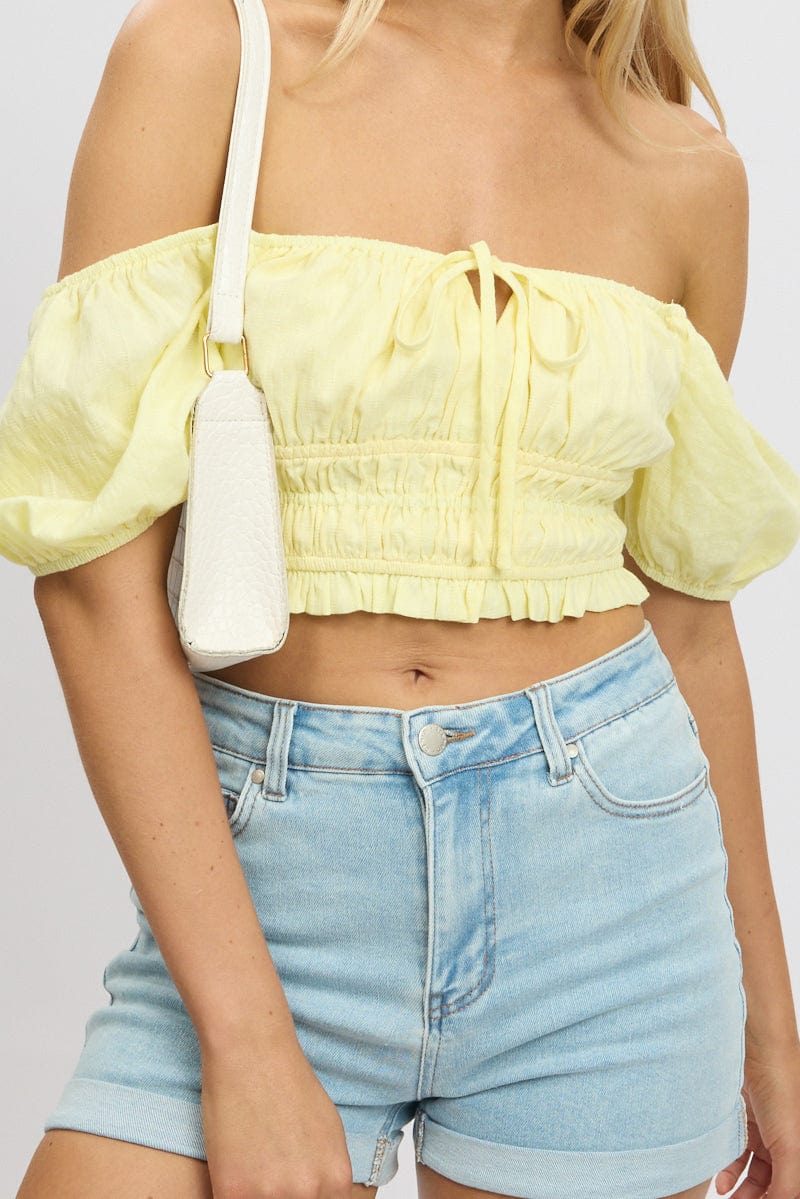 Yellow Crop Top Short Sleeve Shirred Waist for Ally Fashion