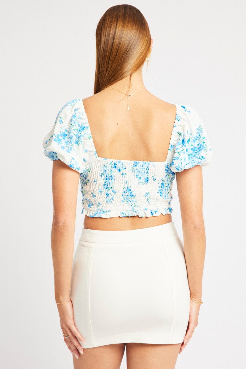 Blue Ditsy Crop Top Short Sleeve Shirred Waist for Ally Fashion