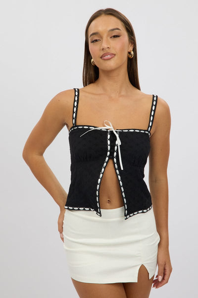 Black Cami Top Sleeveless Lace Trim Ribbon | Ally Fashion