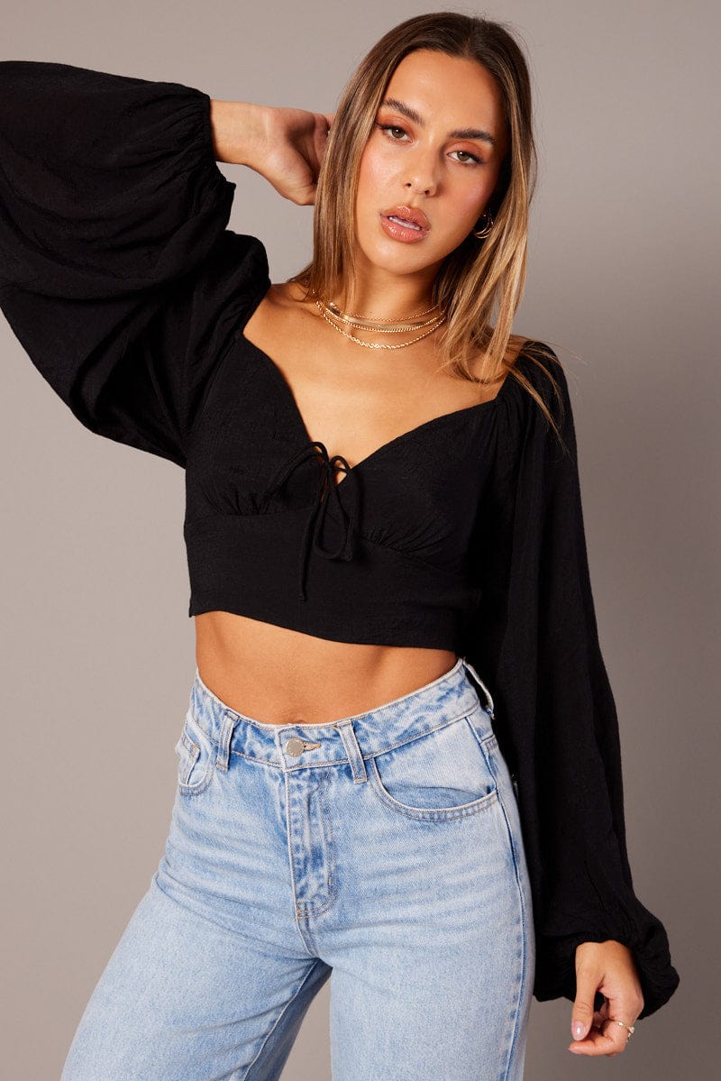 Black Gathered Bust Top Balloon Sleeve Backless Blouse for Ally Fashion