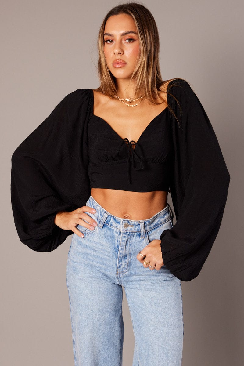 Black Gathered Bust Top Balloon Sleeve Backless Blouse for Ally Fashion