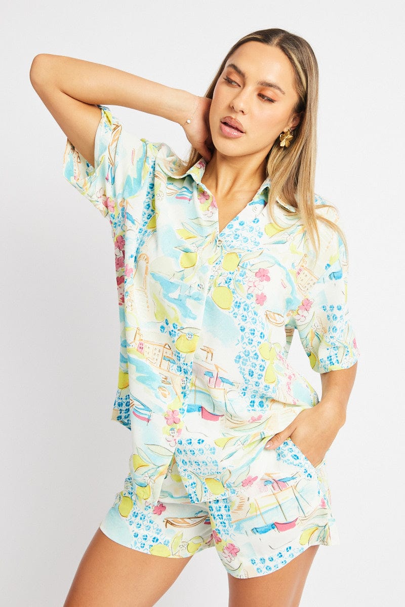 Multi Abstract Relaxed Shirt Short Sleeve for Ally Fashion