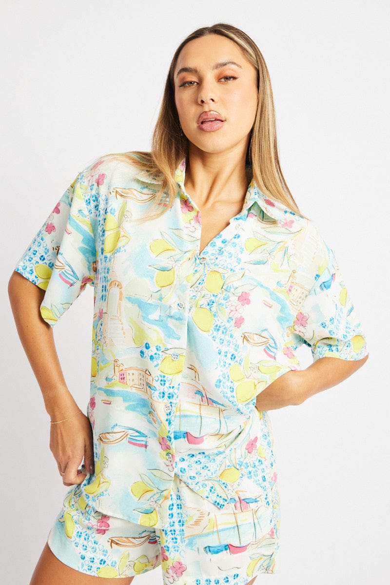 Multi Abstract Relaxed Shirt Short Sleeve for Ally Fashion