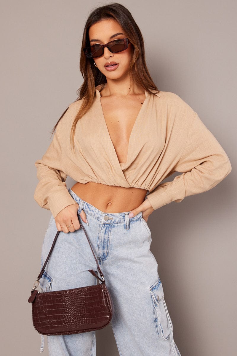 Beige Twist Front Cropped Relaxed Collared Shirt for Ally Fashion