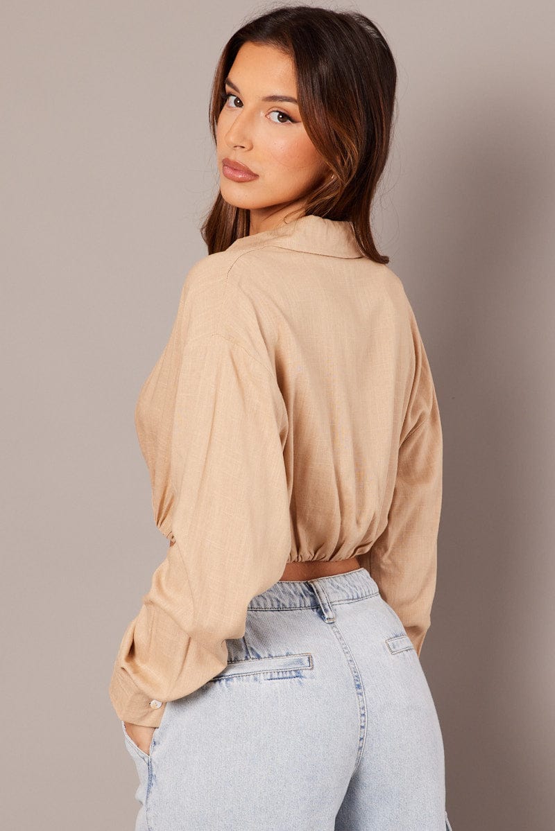 Beige Twist Front Cropped Relaxed Collared Shirt for Ally Fashion