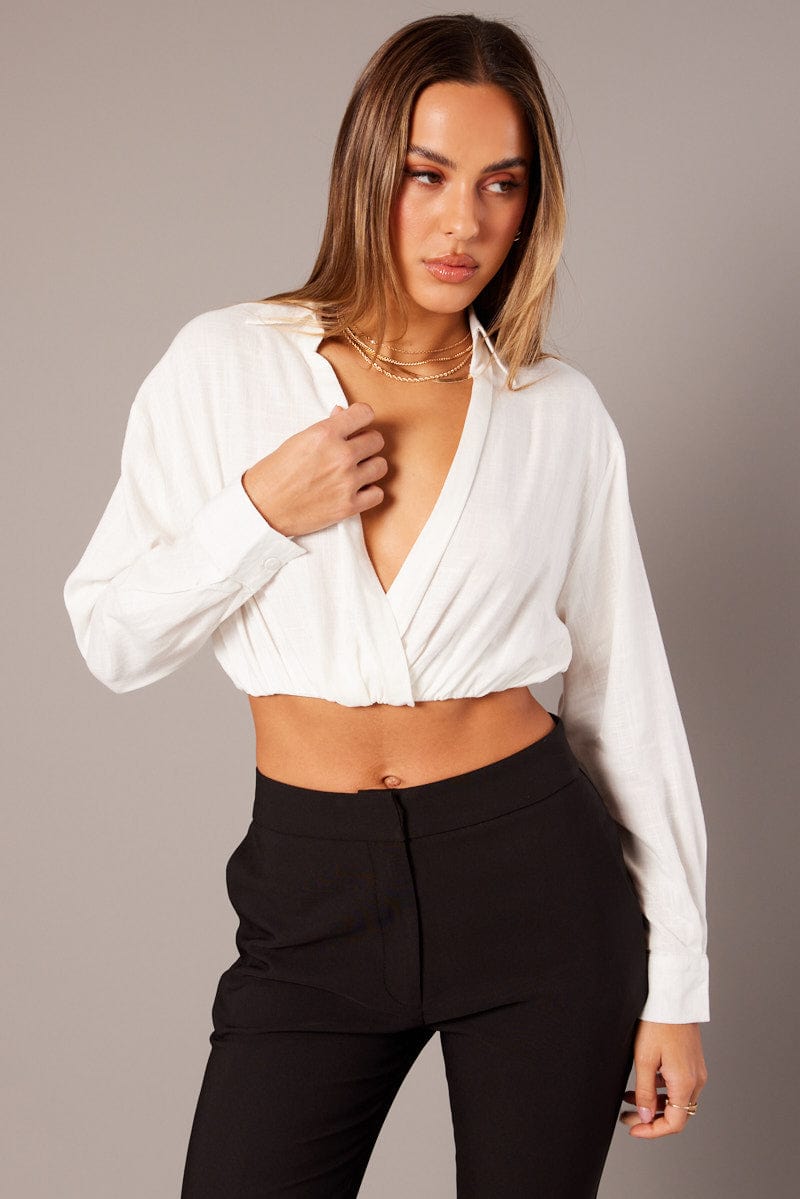 White Twist Front Cropped Relaxed Collared Shirt for Ally Fashion