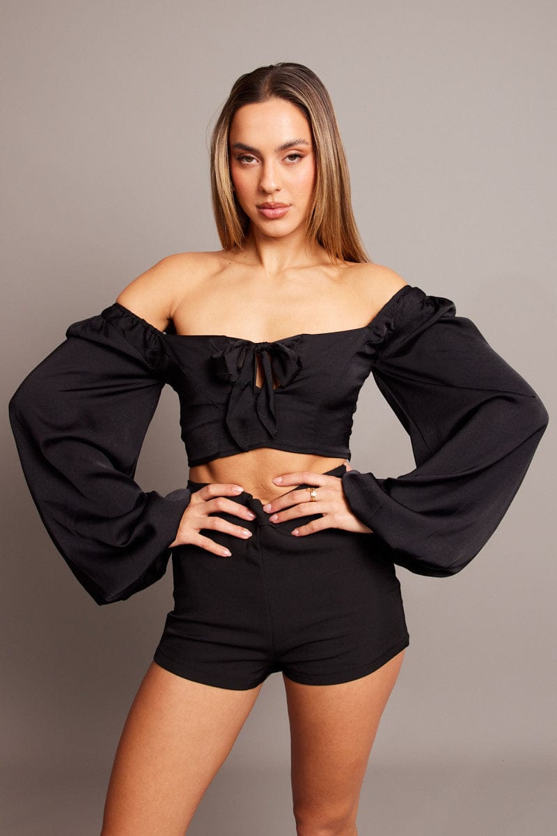 Black Bow Top Balloon Sleeve Satin Top for Ally Fashion