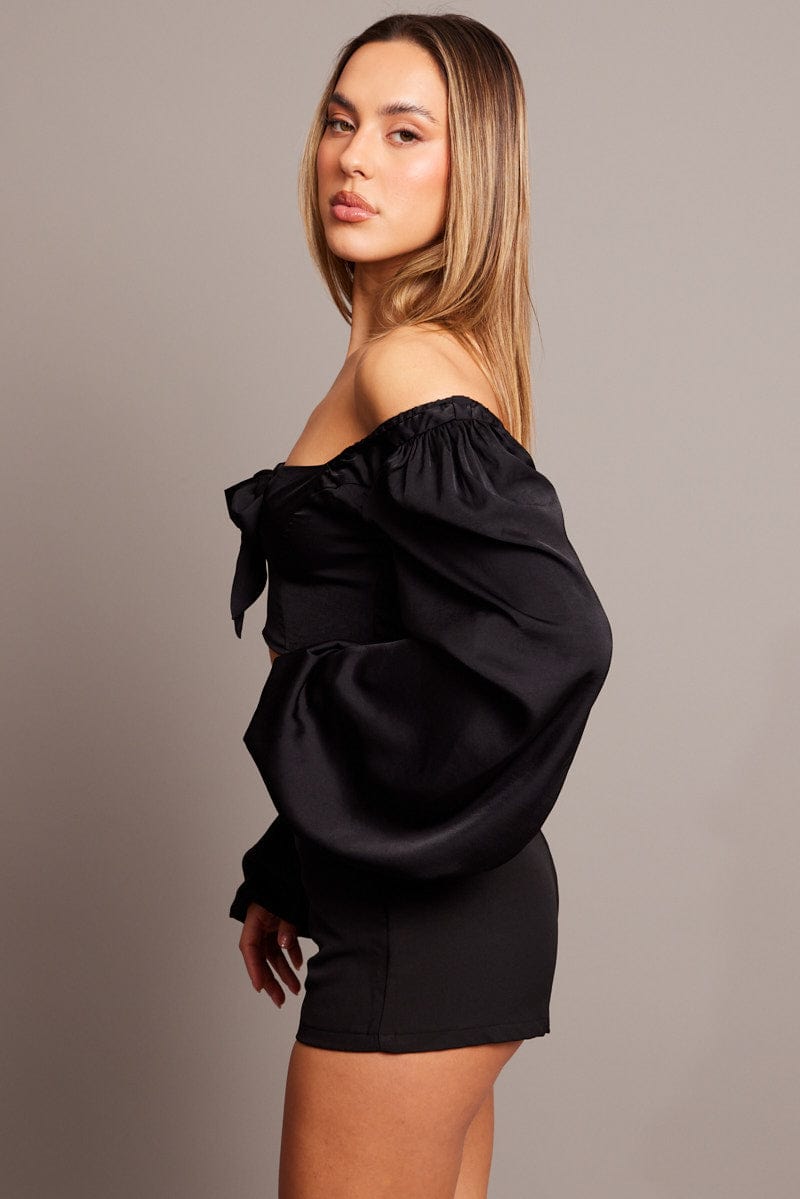 Black Bow Top Balloon Sleeve Satin Top for Ally Fashion