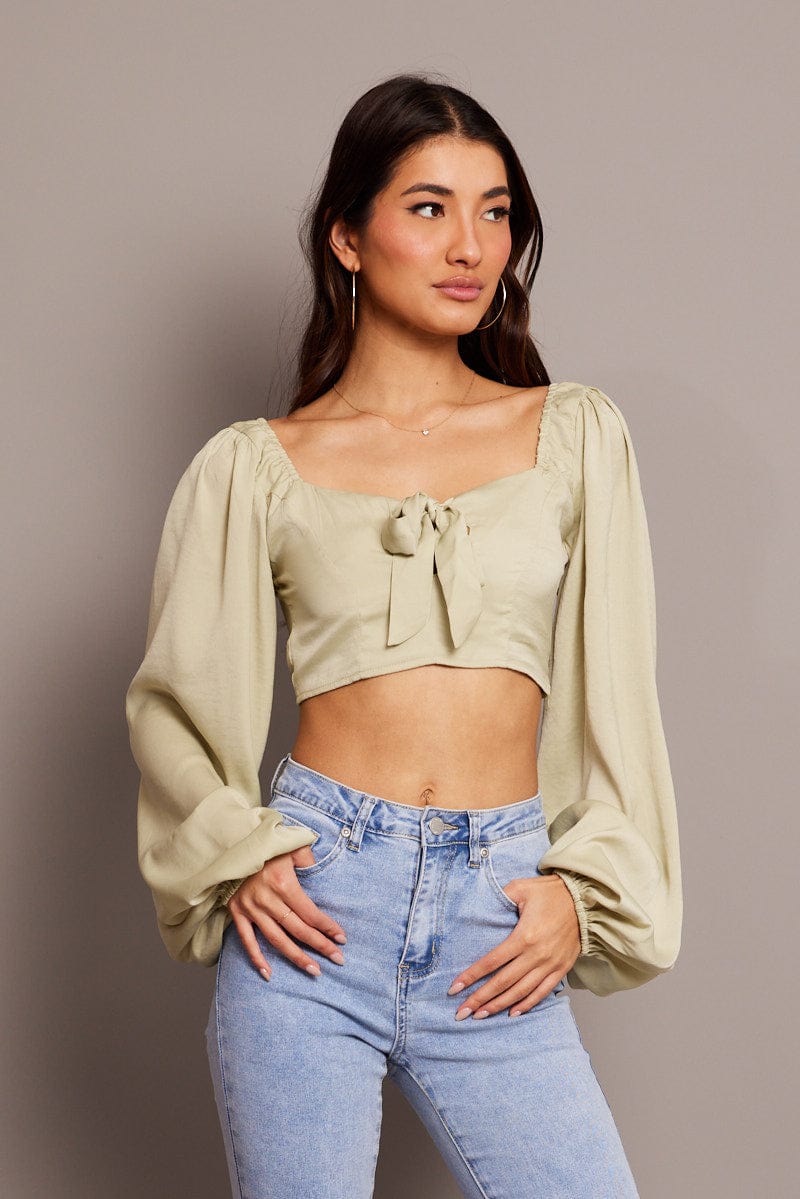 Green Bow Top Balloon Sleeve Satin Top for Ally Fashion