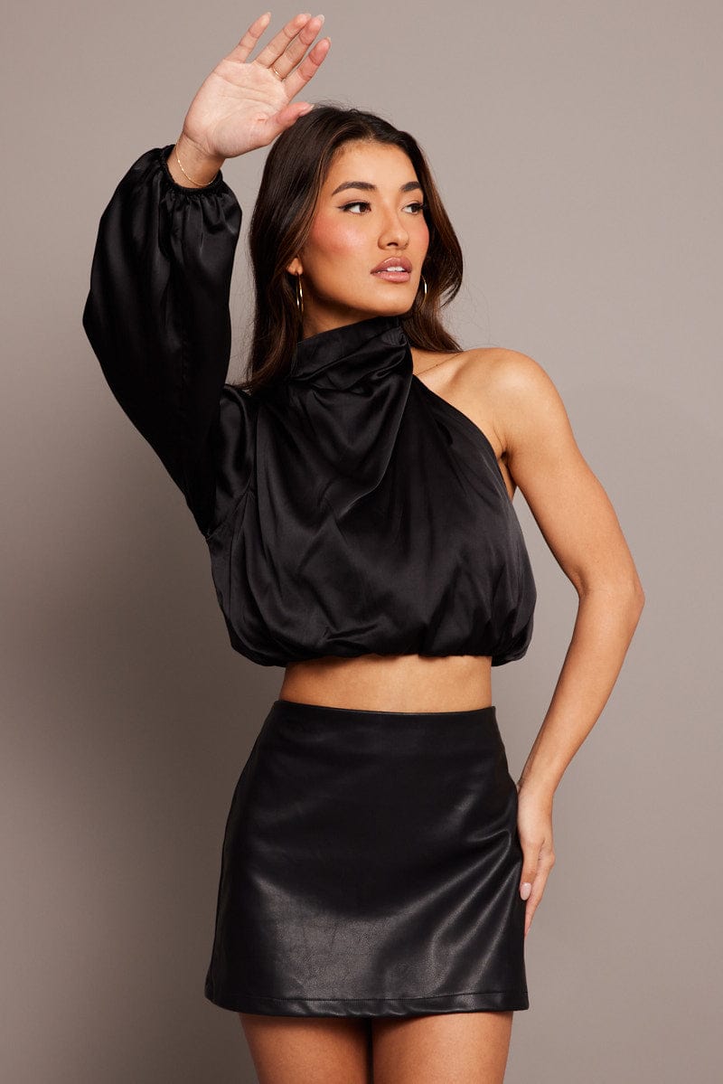 Black High Neck Blouse One Sleeve Asymmetric Top for Ally Fashion