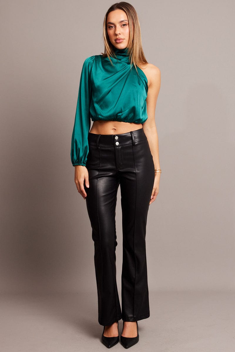 Green High Neck Blouse One Sleeve Asymmetric Top for Ally Fashion