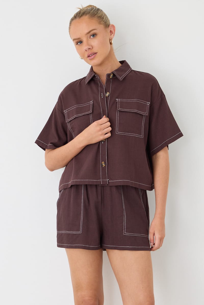 Brown Cropped Shirt Short Sleeve Collared Outpocket for Ally Fashion