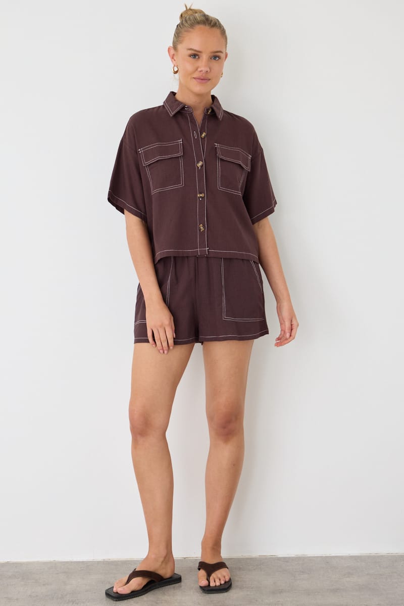 Brown Cropped Shirt Short Sleeve Collared Outpocket for Ally Fashion