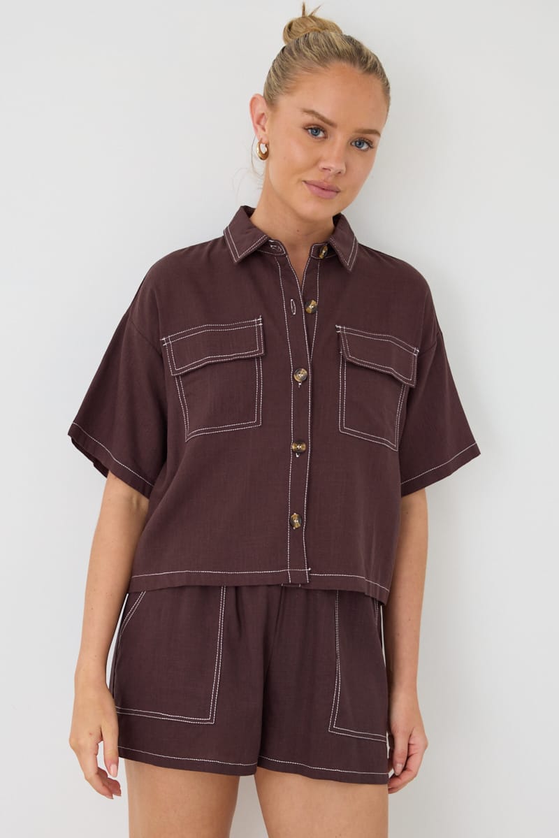 Brown Cropped Shirt Short Sleeve Collared Outpocket for Ally Fashion