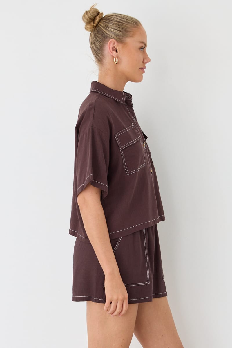 Brown Cropped Shirt Short Sleeve Collared Outpocket for Ally Fashion