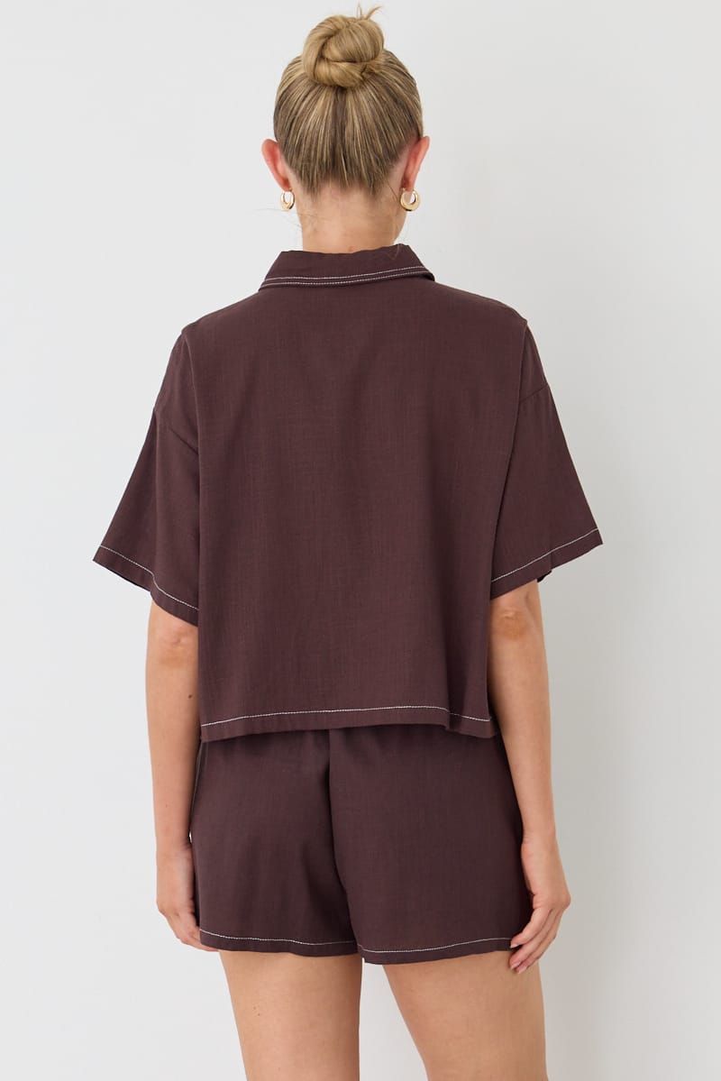 Brown Cropped Shirt Short Sleeve Collared Outpocket for Ally Fashion