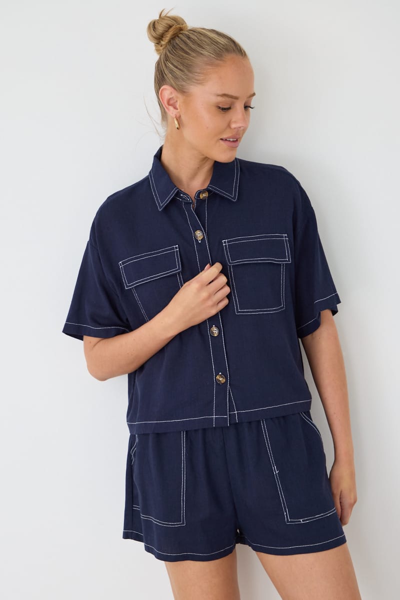Blue Cropped Shirt Short Sleeve Collared Outpocket for Ally Fashion
