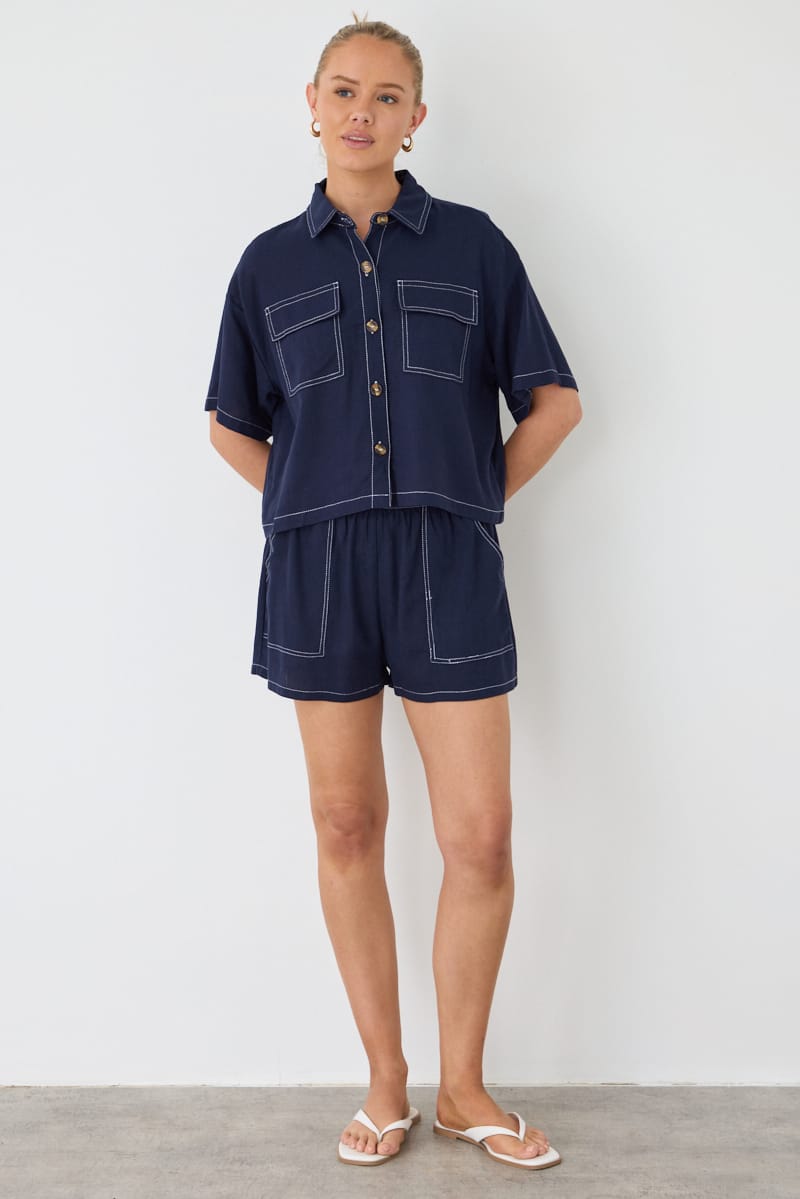 Blue Cropped Shirt Short Sleeve Collared Outpocket for Ally Fashion